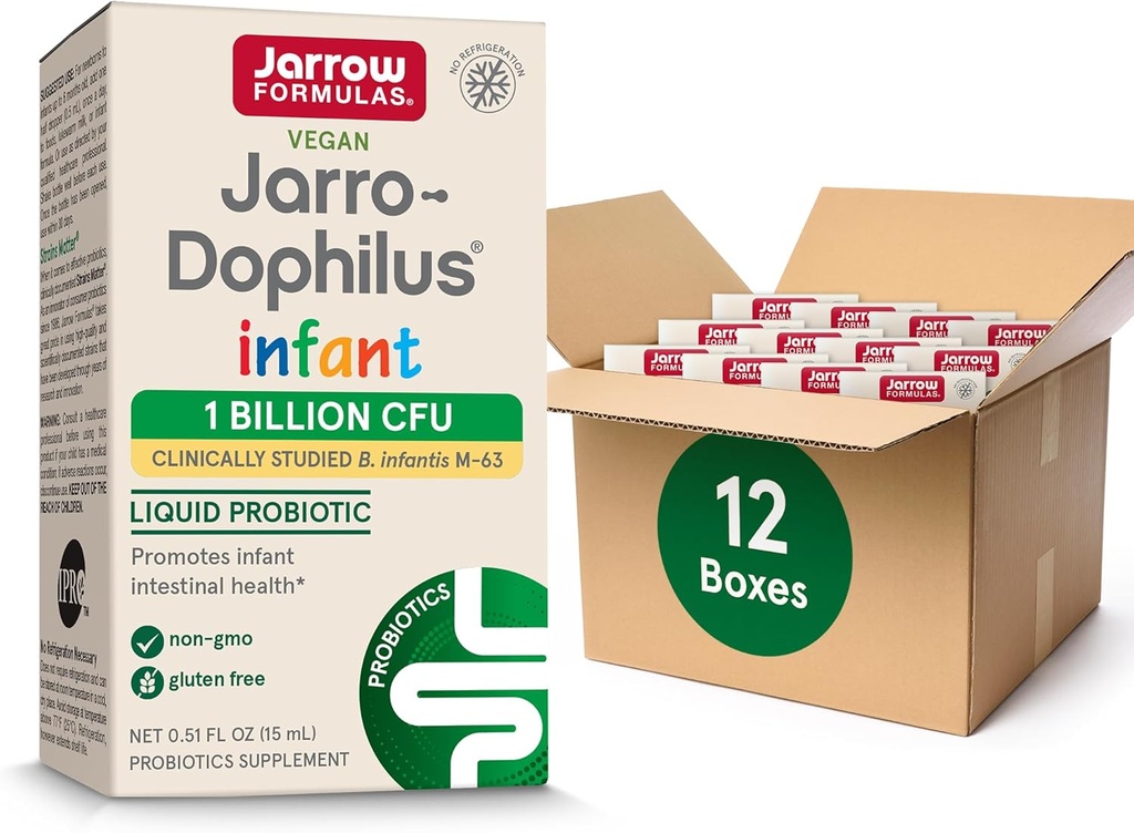 Jarrow Formulas Jarro-Dophilus Infant Liquid Probiotic, Dietary Supplement, Intestinal Health Support for Infants, 1 Billion CFU Per Serving, 0.51 Fl Oz, 30 Day Supply, (Pack of 12)