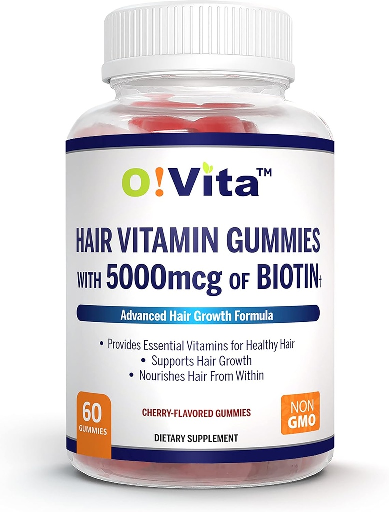 Hair Vitamin Gummies with 5000mcg of Biotin, Strong and Healthier Hair Supplement, Promotes Faster Hair Growth for Women and Men (60 Non-GMO Gummies)