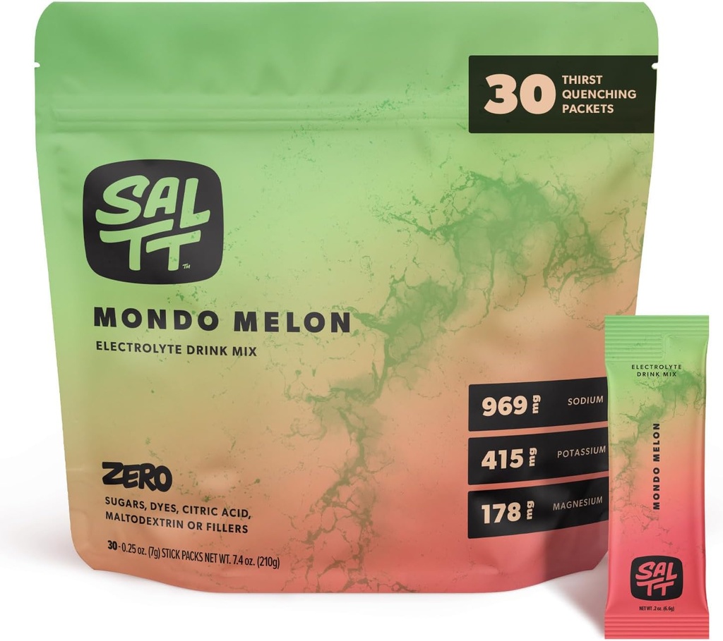 SALTT Electrolytes Powder Flavored Drink Mix - Mondo Melon - 30 Hydration Packets - Magnesium, Potassium, Sodium, Trace Minerals - Zero Sugar & Gluten Gratis - Travel Essentials