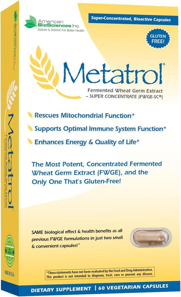 American BioSciences Metatrol Fermented Wheat Germ Extract - Immune &amp; Mitocondria Support for Renewed Vitality & Enhanced Energy - Gluten Free - 60 Vegetarian Capsules, 41mg