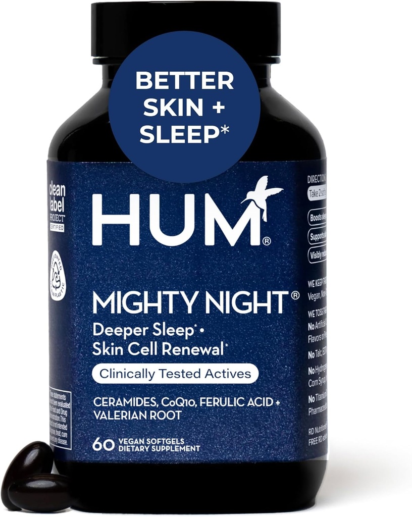HUM Mighty Night Night Nighttime Suplemento de sueño para el cuidado de la piel, CoQ10, Valerian Root " Ferulic Acid to Support Cell Turnover, Skin Vitamins for Women and Men, Overnight Beauty Vitamins, 60 Vegan Softgels