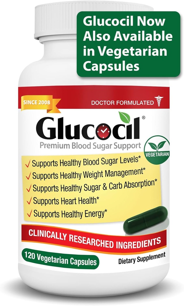 Glucocil – Nuevo - Capsules vegetarianos - Soporte de azúcar de sangre Premium - Soportes Los 3 Esenciales para el Azúcar Sangre Saludable - con la Hoja de Moro Berberina, Propietario y Más