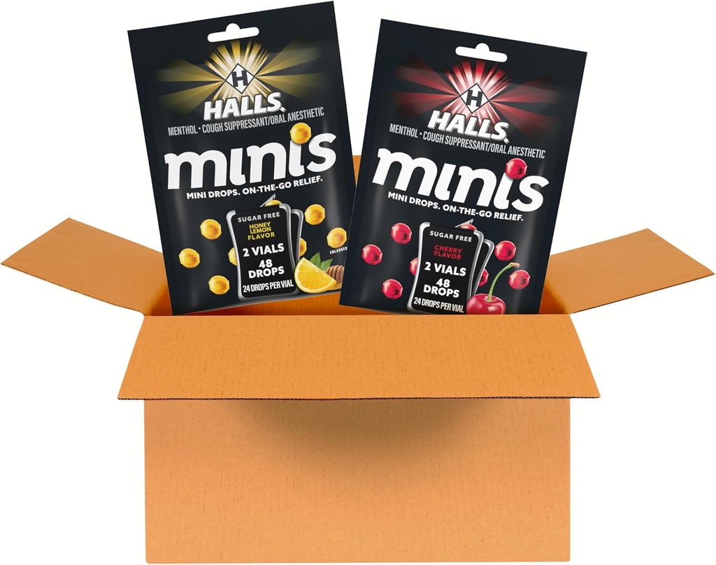 HALLS Minis Cherry and Honey Lemon Sugar Free Cough Drops Variety Pack, 2 Bolsas, 4 Packs (96 Total Drops)
