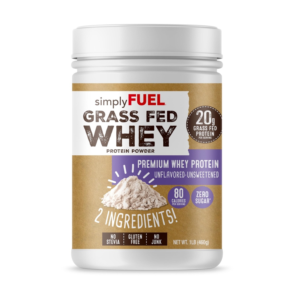 simplemente FUEL 100% Grass Fed Whey Protein Powder - Sólo 2 Ingredientes, Desarrollados, Sin manchas, Sin gluten, No Soy, 20g Proteína - Sugar Cero, Sin Carb Proteína Limpia - Crecimiento muscular y recuperación 1LBS