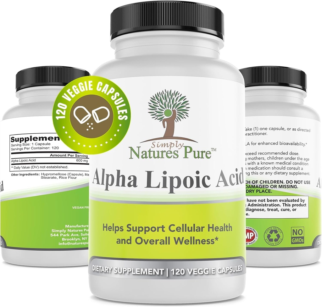Simplemente Naturalezas Pure Alpha Lipoic Acid 600mg 120 Veggie Capsules, Non-GMO Thioctic Acid 4 Month Supply