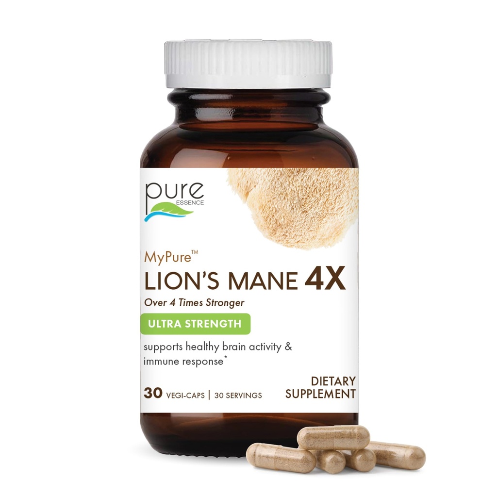 PURE ESSENCE LABS MyPure Lion's Mane 4X - Ultra Strength Brain Support Suplemento con 6:1 Hot Water Extract > 10:1 Extract for Cognitive Health, Focus, Memory & Mental Clarity, 30 cápsulas