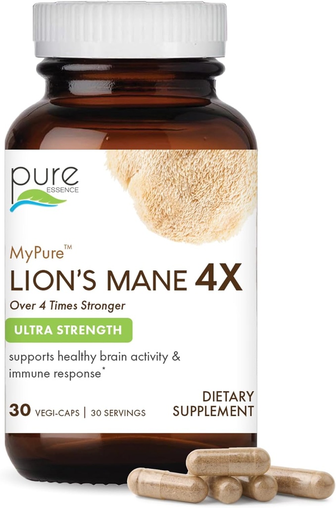 PURE ESSENCE LABS MyPure Lion's Mane 4X - Ultra Strength Brain Support Suplemento con 6:1 Hot Water Extract > 10:1 Extract for Cognitive Health, Focus, Memory & Mental Clarity, 30 cápsulas