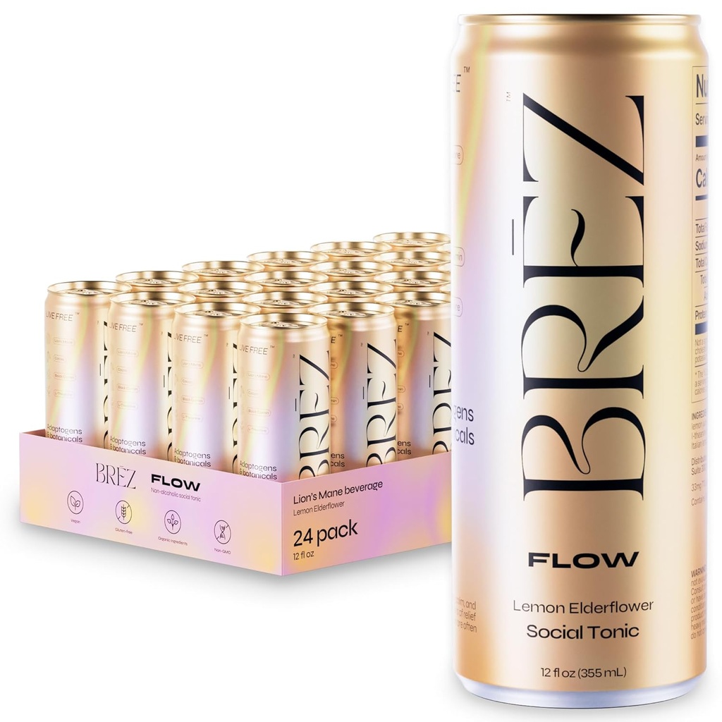 BREZ FLOW Bebida Mane de León Mane Mushroom, 24-Pack, no utilizado, adaptógenos, alivio, elevación y social, Sparkling Lemon Elderflower Tonic 12 Fl oz