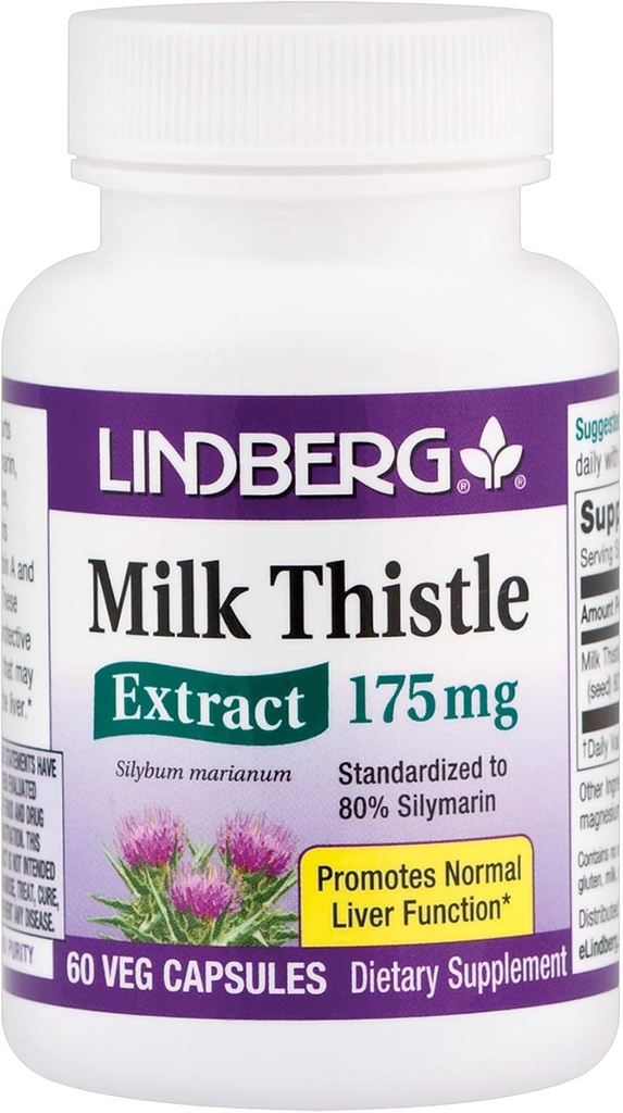 Lindberg Milk Thistle Extract 175 Mg, 60 Vegetarian Capsules- Estándarizado hasta 80% Silymarin