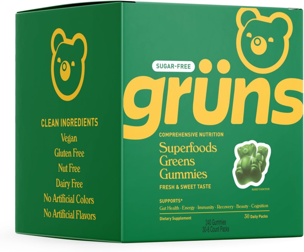 Gruns Sugar Free Super Greens Gummy Bears - Espirulina orgánica y Clorella, Prebióticos para la salud digestiva, 20+ Vitaminas y Minerales, Adaptógenos - 30 sachets - 240 Gummies