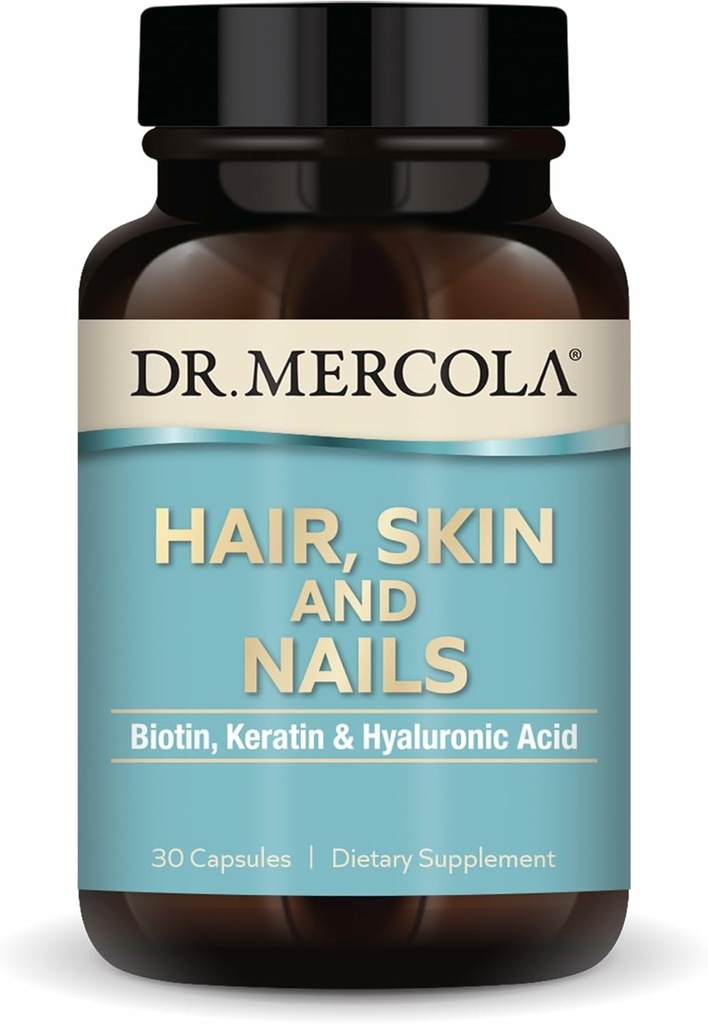 Dr. Mercola Hair, Skin and Nails - Proporciona Biotina, Keratina & Ácido Hialurónico - Calidad Premium - Apoya el envejecimiento saludable - No GMO, libre de gluten &amp; libre de soja - 30 cápsulas (30 piezas)