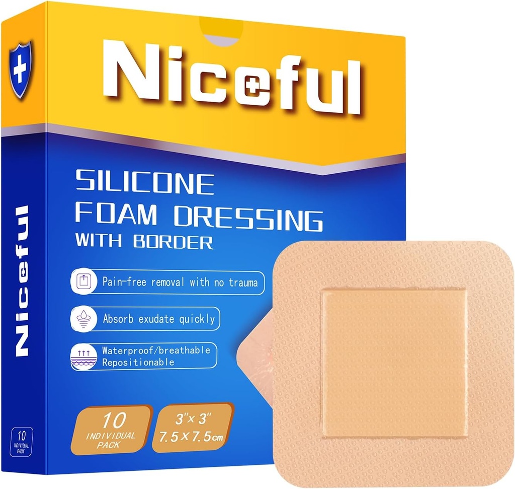 Silicona Foam Dressing 3x3 en (7.5x7.5cm),High Absorbency Bed Sore Bandages Wound Care Dressing,Waterproof Silicone Bandages for Sensitive Skin Wound Care(10 Pcs)