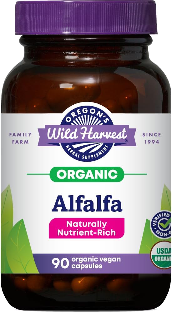 Cosecha Salvaje de Oregon Alfalfa Capsules USDA Certified Organic Herbal Supplements, 90 Count