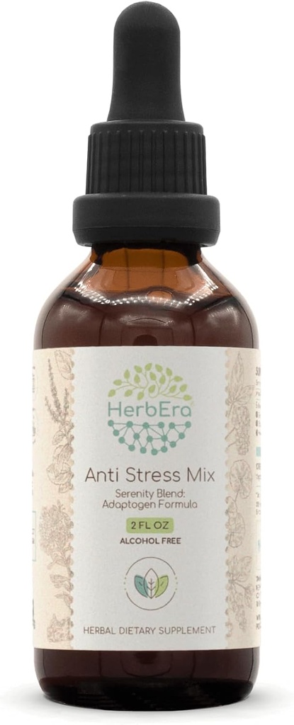 Anti Stress Mix B60 Extracto libre de alcohol Tintura, Eleuthero Root, Rhodiola Root, Schisandra Berry, Gotu Kola Herb, Holy Basil Herb. Serenity Blend: Adaptogen Fórmula 2 Fl Oz