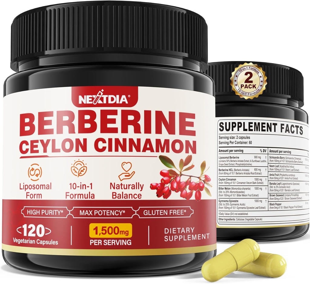 2 Pack 1500mg Liposomal Berberine HCL con Ceylán Cinnamon Bitter Melon, Organic Berberine Complex Supplements with Banana Leaf, Supports Immune & Digestion - Vegan 240 Capsules