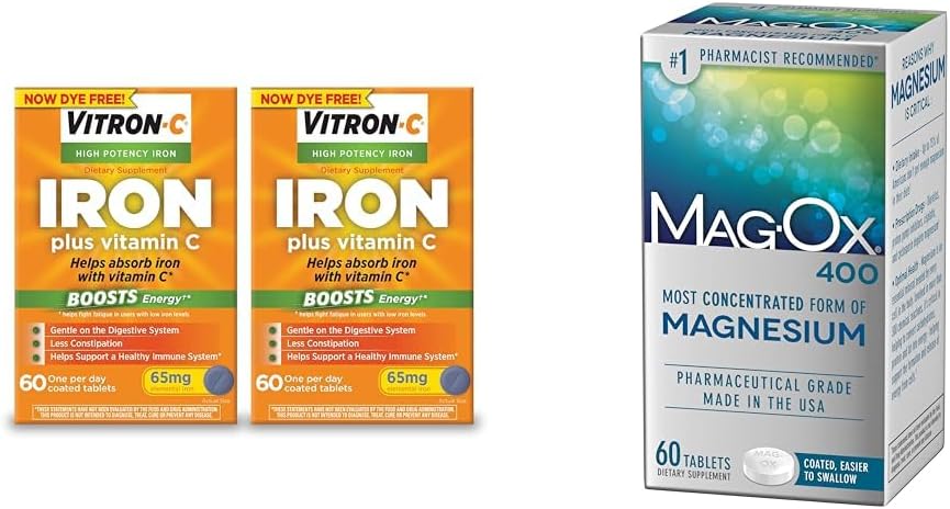 Suplemento de hierro Vitron-C Plus Vitamina C, 60 Conde, 2 Pack Bundle con Mag-Ox 400 Magnesium Mineral Suplemento Dietario Tabletas, 60 Conde