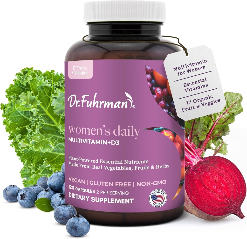 Dr. Fuhrman 2 Month Supply Multivitamin for Women + D3 Vitamin for Immune Support ← Vegan Formula Womens Multivitamin with B12 & Zinc ¦ Whole Food multivitamin with 17 Fruits & Veggies Silencio No GMO