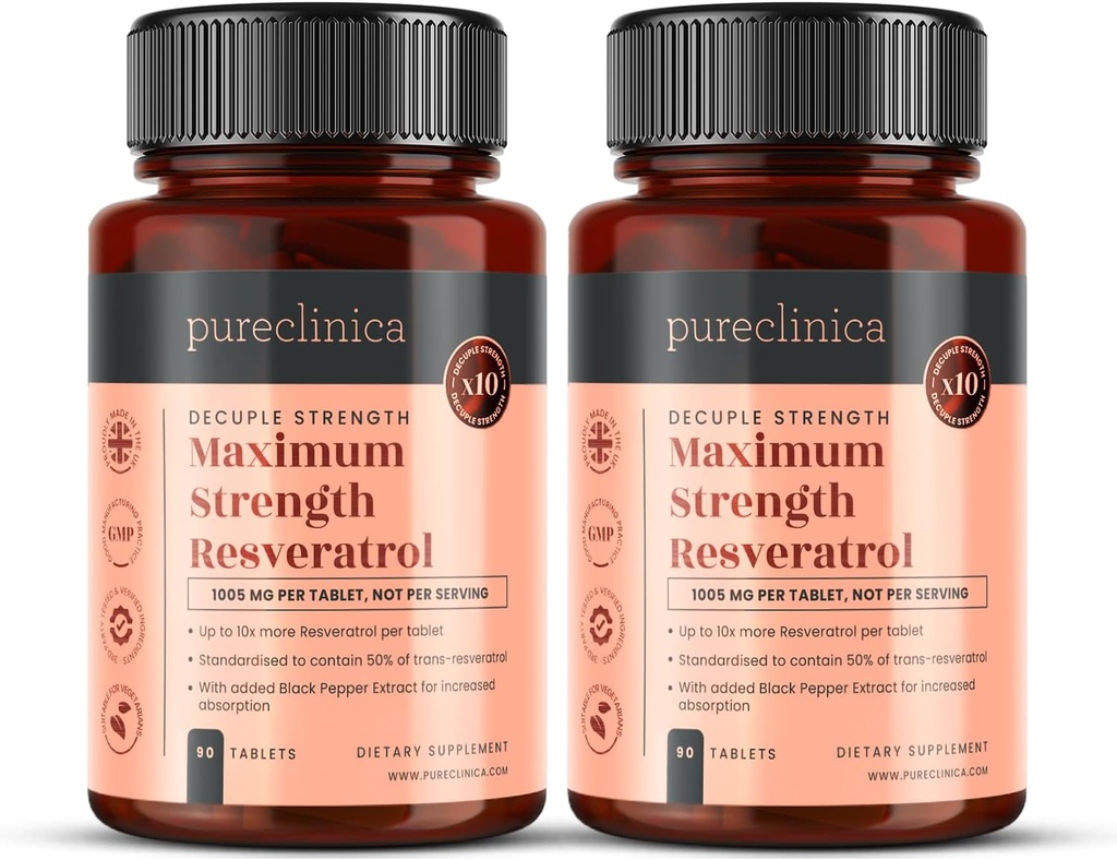 purclinica 1000mg Resveratrol x 180 Tablets (2 Botellas de 90 Tabletas Cada - 6 Meses Suministro). 10 x Fuerza y con Extracto de Pepper Negro para Absorción de Faster