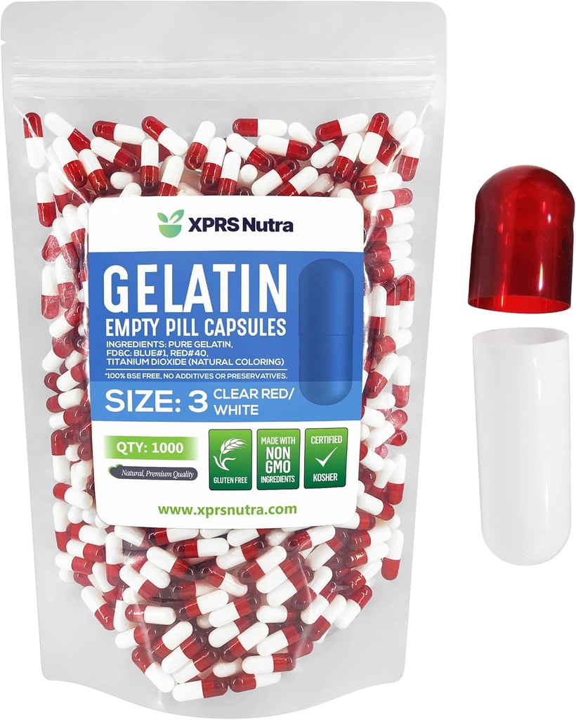 XPRS Nutra Size 3 Empty Capsules - 1000 Conde Empty Gelatin Capsules - Pills DIY Capsule Filling - Pure Bovine Pill Gel Caps for Do-It-youself Supplements (Clear Red/White)
