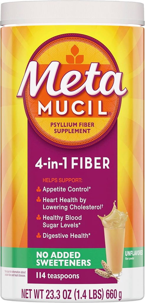 Metamucil, Psyllium Husk Powder, Desflavorado con No Añadidos Sweeteners, 114 Servings, 4-in-1 Suplemento de fibra, Daily Psyllium Husk Fiber Powder Ayuda Apoyo Digestive Health by Promoting Regularity*