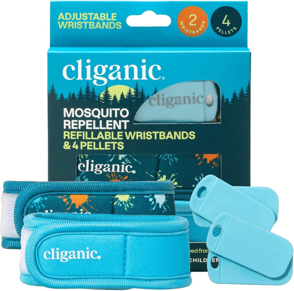 Paquete repelente de mosquitos religiosos (2 Wristbands + 4 Pellets de relleno) - Ajustable, libre de DEET natural, aceite esencial infundido