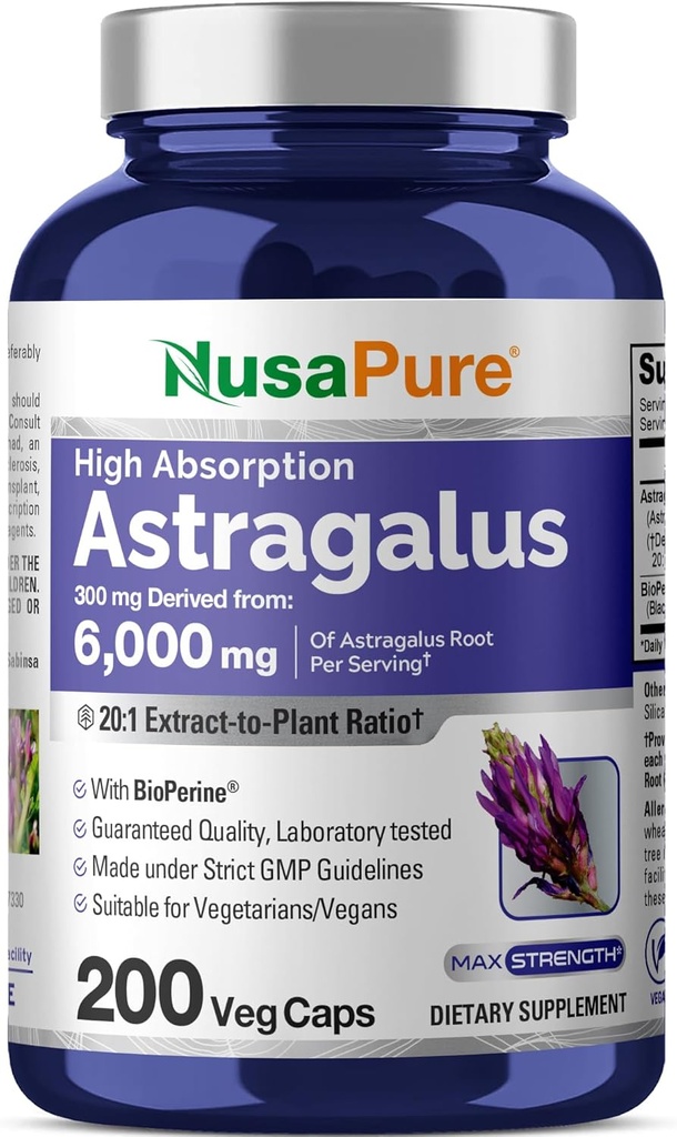 NusaPure Astragalus 20:1 Extracto, 300 mg Equivalente a 6.000 mg Por Serving, 200 cápsulas vegetarianas, no GMO &amp; Bioperina