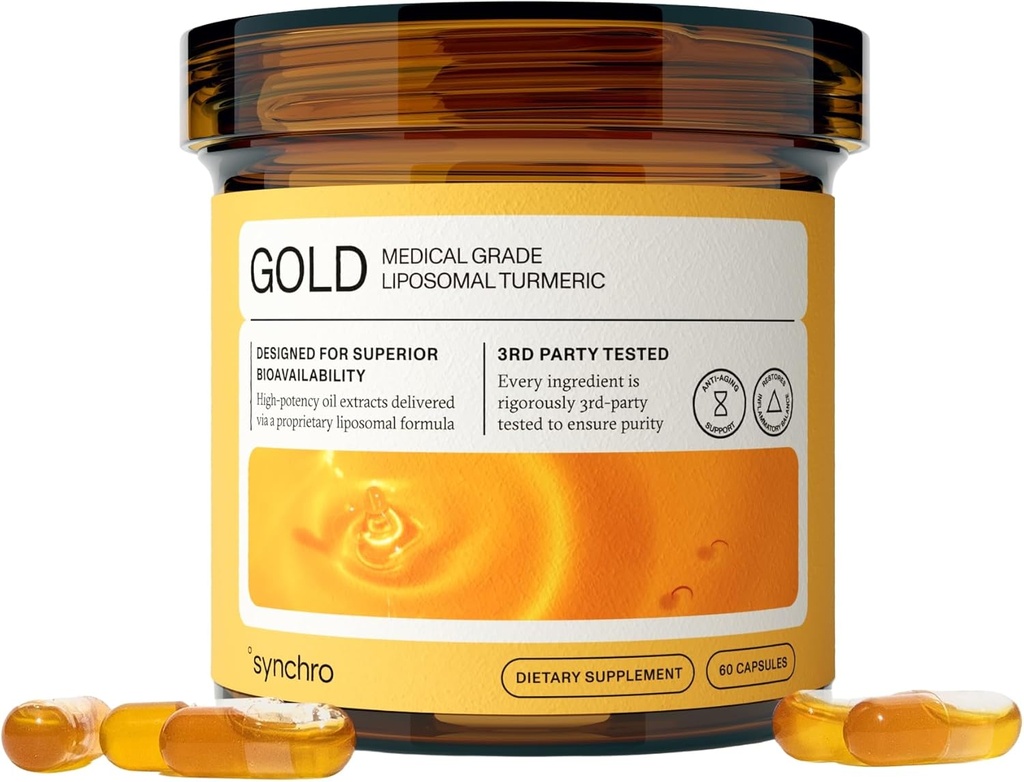 Synchro Gold Medical-Grade Liposomal Turmeric ← 60ct Capsules ← Extracto de planta completa, Nano-Encapsulación Entrega  Curcumin Black Pepper Piperine Suplemento