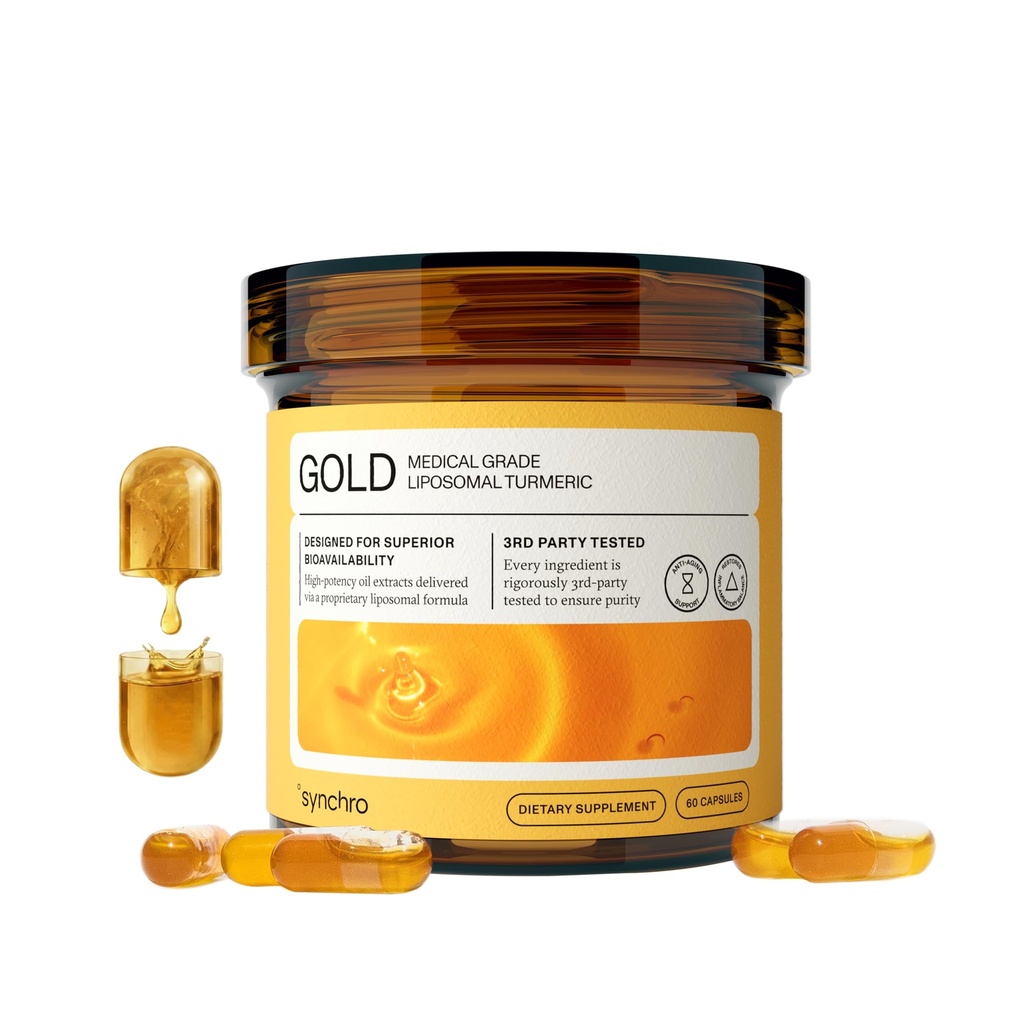 Synchro Gold Medical-Grade Liposomal Turmeric ← 60ct Capsules ← Extracto de planta completa, Nano-Encapsulación Entrega  Curcumin Black Pepper Piperine Suplemento