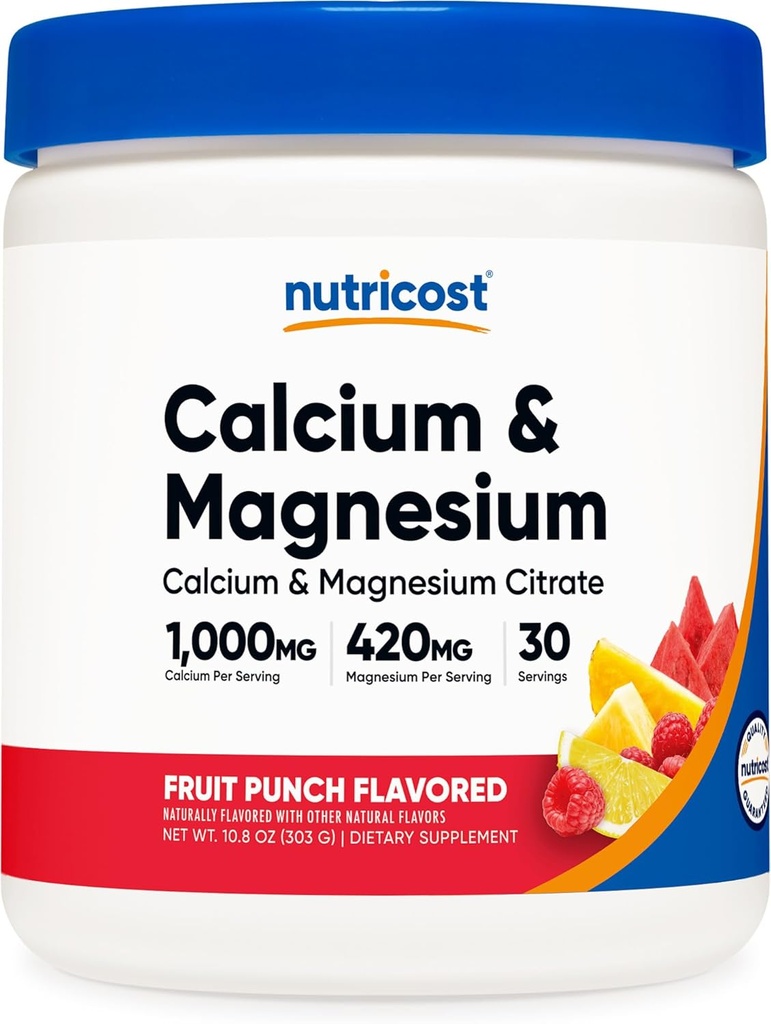 Nutricost Calcium Magnesium Powder (Fruit Punch, 30 Servings) - Bone Support, Non-GMO, Gluten Free (de Calcium Citrate y Magnesium Citrate)