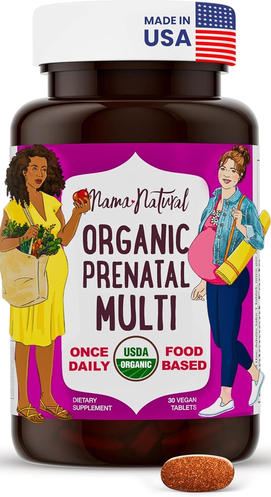Mama Natural Vitaminas Prenatales Orgánicas para Mujeres Vegan (30 Serviciones) Única Una Vitamina Prenatal Día para Mujeres Embarazadas Vida Alimentaria Basada, No Gluten-Free - Pre Natal Multivitamina con Folate