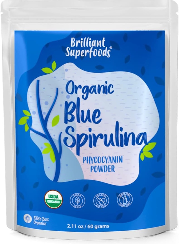 El mejor producto orgánico de espirulina azul de Ellie (Extracto de picocianina) - 60 servidumbres - sin olor - Vegan, no GMO, sin gluten, sin lácteos - para colorear alimentos orgánicos - para Smoothies & bebidas proteínas etc