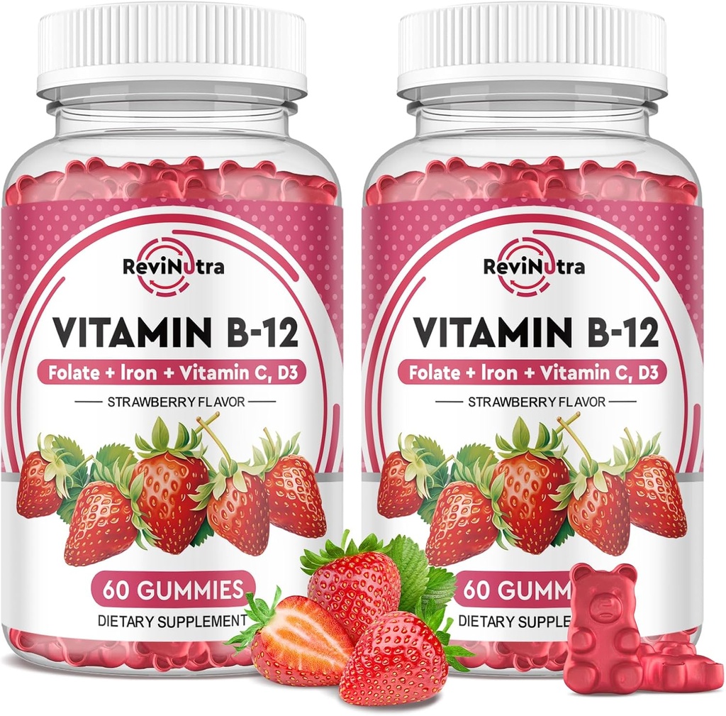 Vitamina B12 Complejo Gummies - 5000 mcg Metilcobalamina con Hierro, Vitamina C, D3 &amp; Folate, Energy Support &amp; Metabolism, Immune, B-12 Suplemento Chewable para Hombres &amp; Mujeres, Strawberry Flavor, 2 Pack