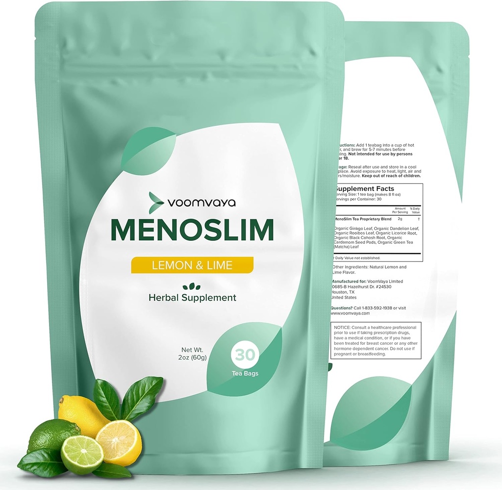 Voom Vaya MenoSlim Tea - Saldo hormonal Té, Perimenopause &amp; Estrógeno Suplemento para Mujeres - para Bloating, Flashes calientes, Suelos nocturnos &amp; Meno-Belly - Lemon Lime Flavor - 30 Teabags