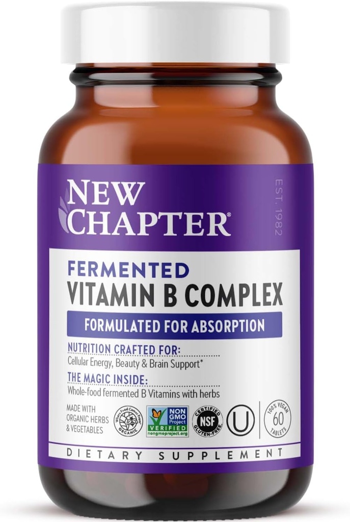 Nuevo Capítulo Complejo de vitamina B, Complejo de vitamina B fermentado, USDA Organic, ONE Daily for Cellular Energy + Brain + Beauty, 100% Vegan, Gluten-Free - 60 Cuenta