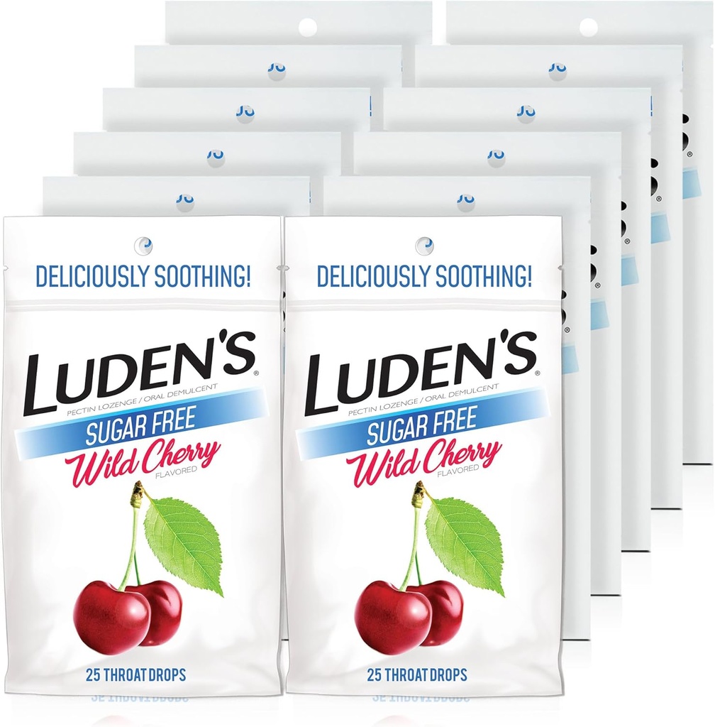Luden Sugar Free Wild Cherry Throat Drops, Sore Throat Relief, 25 Cuenta (12 Pack)