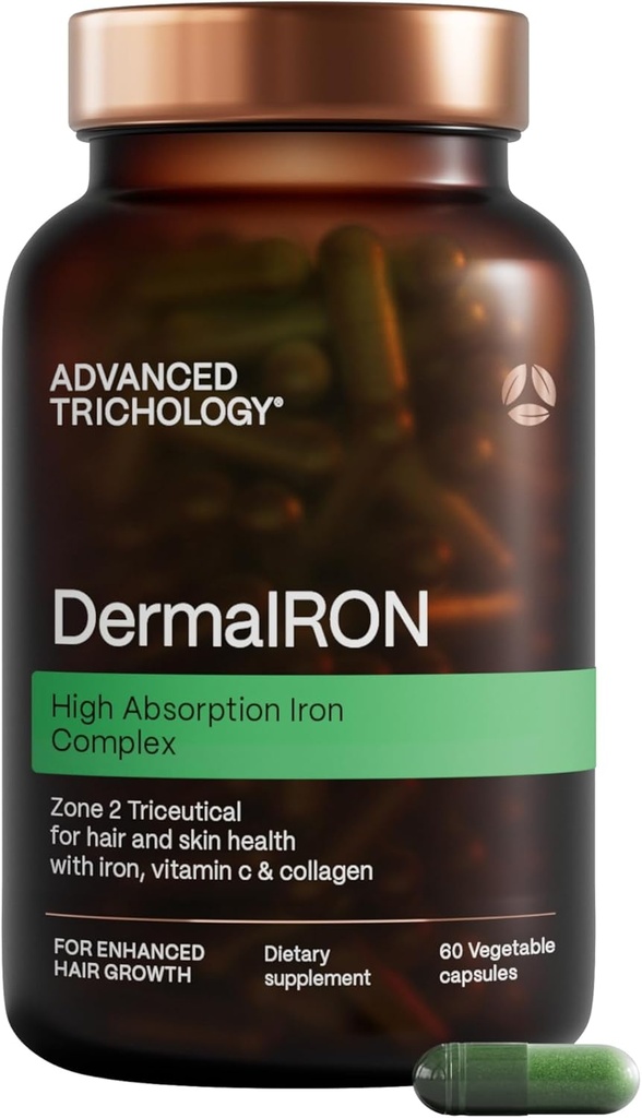 Suplemento de Derma-Iron para Mujeres y Hombres - píldoras de construcción de sangre de hierro para el cabello y la piel con Collagen y vitamina natural C, hierro bajo y ferritina, cabello adelgazamiento, pérdida de cabello