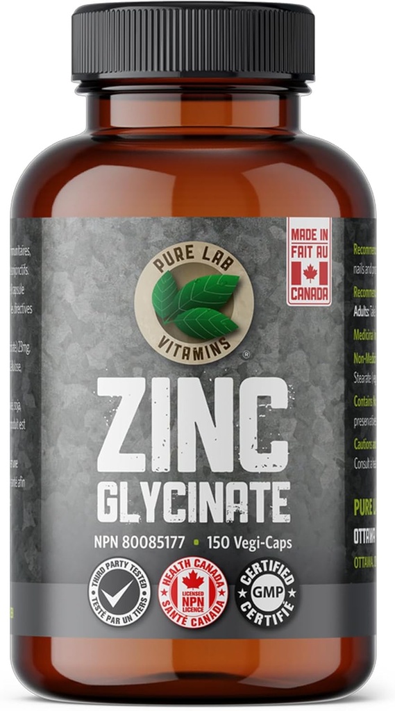 Zinc Glycinate 23 mg Suplemento - 150 cápsulas veganos por vitaminas de laboratorio puro - Sal de aminoácidos para piel sana y uñas - apoya el sistema inmunológico, próstata, visión - hecho en Canadá