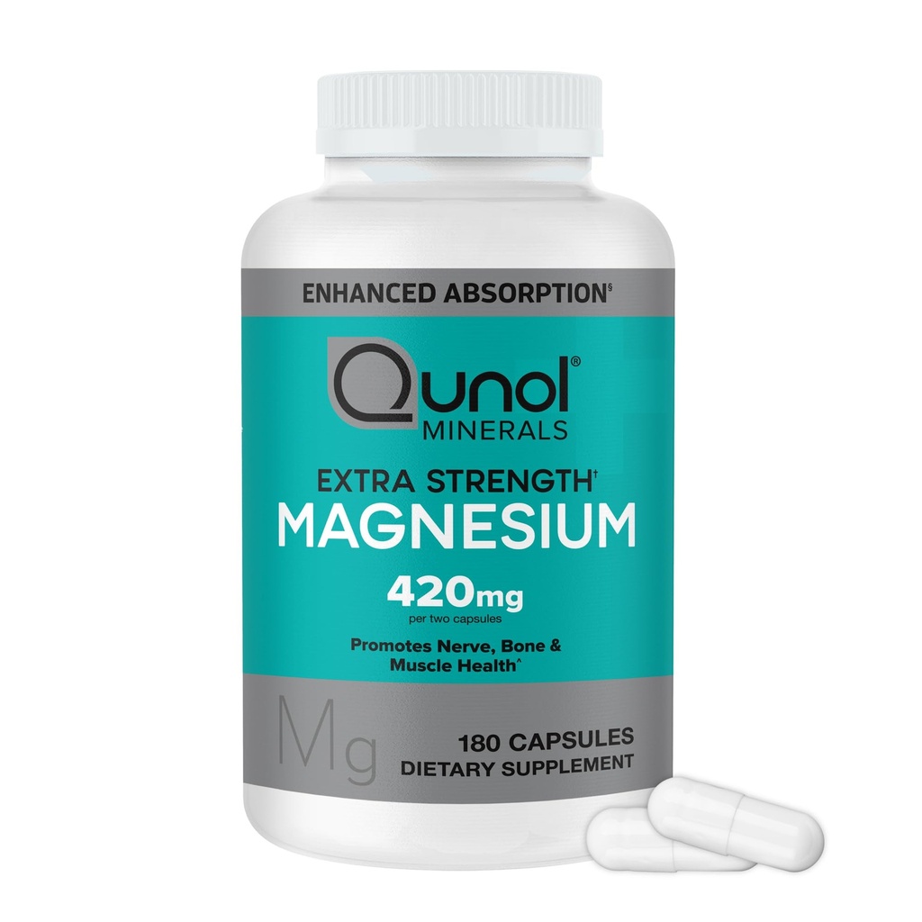 Qunol Magnesium Capsules 420mg, 100% DV, Suplemento de Magnesio de alta absorción, Extra Fuerza, Bone y Suplemento de salud muscular, 180 Conde