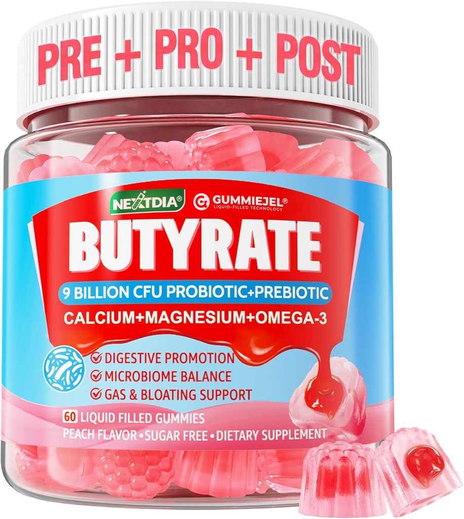 Butyrate Gummies with Probiotic + Prebiotic + Postbiotic, Omega-3 500mg,Fiber with 9 Billion CFU Probiotics, Calcium & Magnesium, Inulin,Psyllium Husk for Digestive Health,Bloating Support,Sugar Free