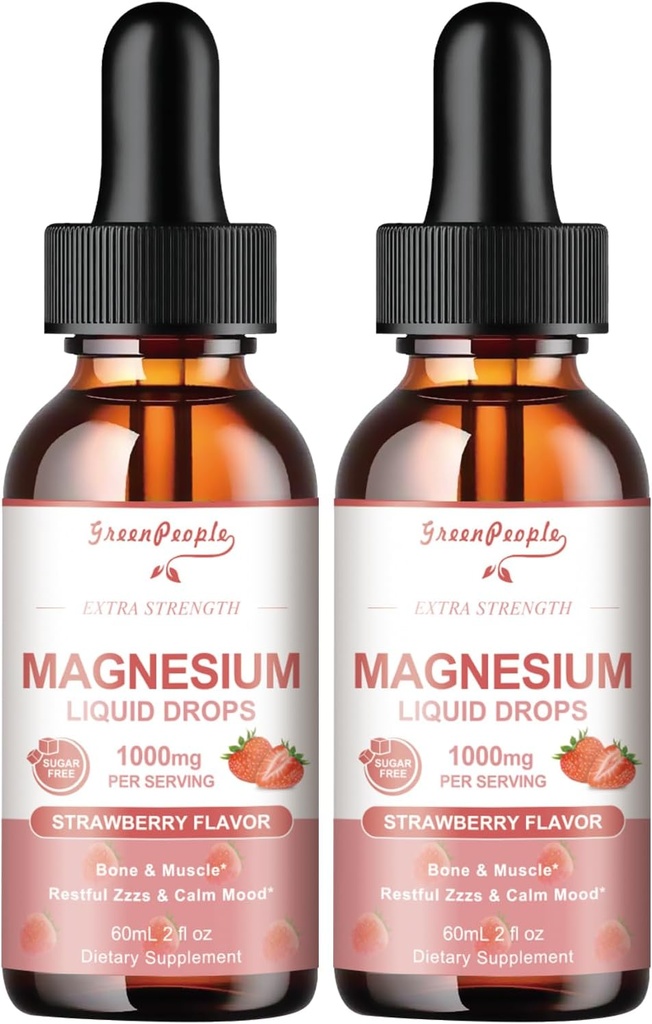 GREENPEOPLE Magnesium Glycinate Liquid Drops - 1000mg 5-in-1 High Absorption Liquid Magnesium Complex with D3/K2/B6 ← Fast-Acting, Bone, Muscle &amp; Sleep ← Sugar-Free Strawberry Flavor, 2fl Oz 2 Pack