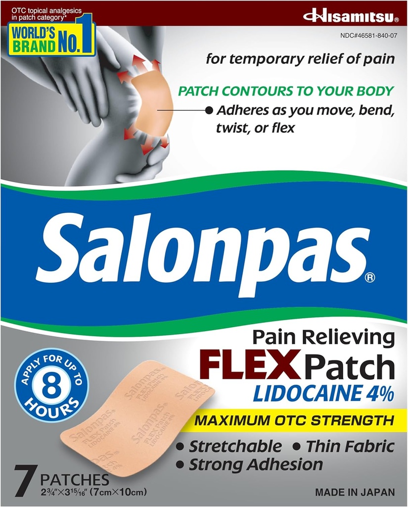 Salonpas Maximum OTC Strength Lidocaine 4% Pain Relieving FLEX Patch, Aplicar hasta 8 horas, No centrado, Thin, Flexible, Ligero, Patch Stays in Place, 7 Patches