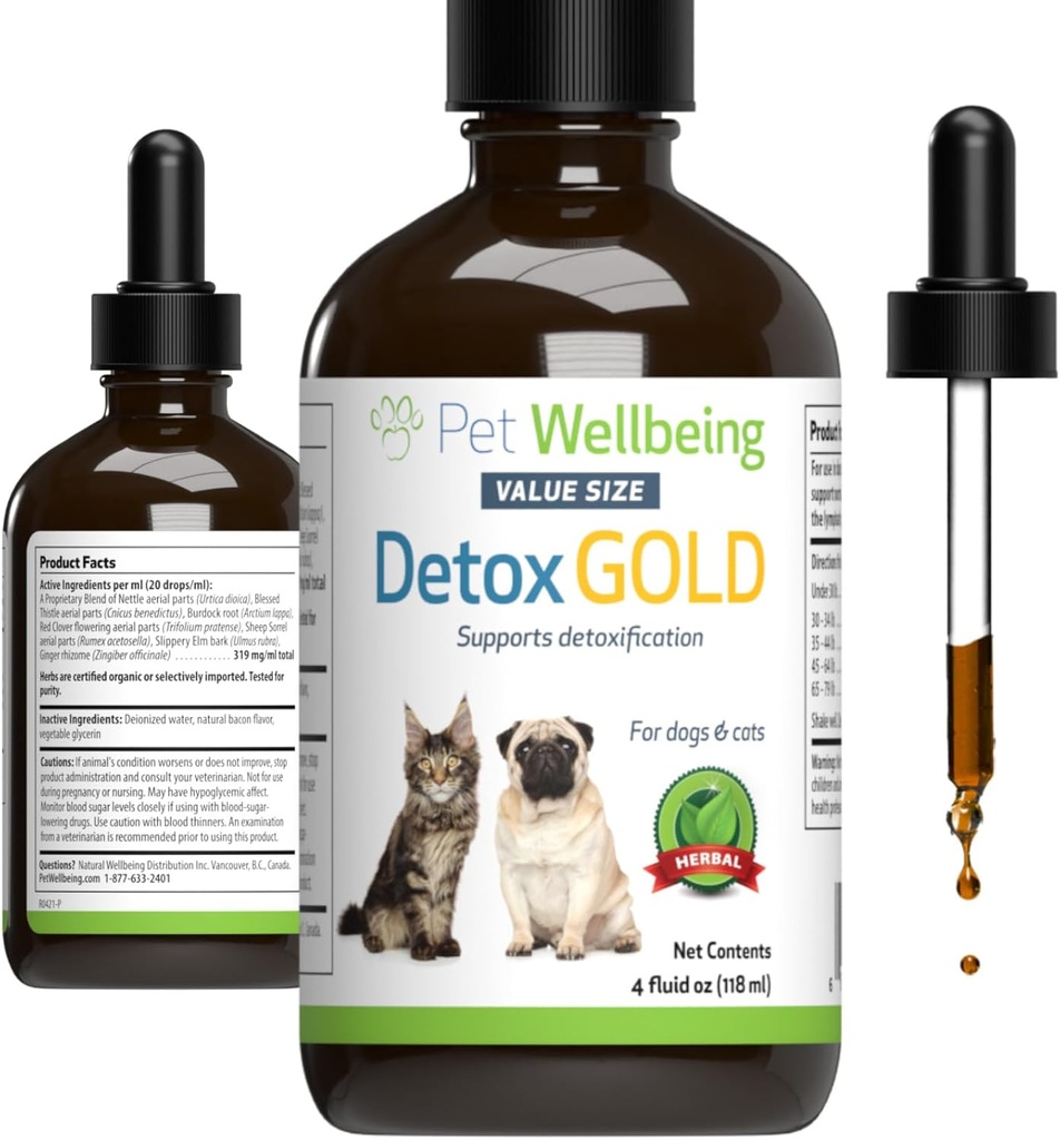Pet Wellbeing Detox Gold for Dogs & Cats - Gentle Detoxification & Elimination Support, Immune System Care, Nettle, Beat Thistle - Veterinarian-Formulated Herbal Suplemento 4 oz (118 ml)