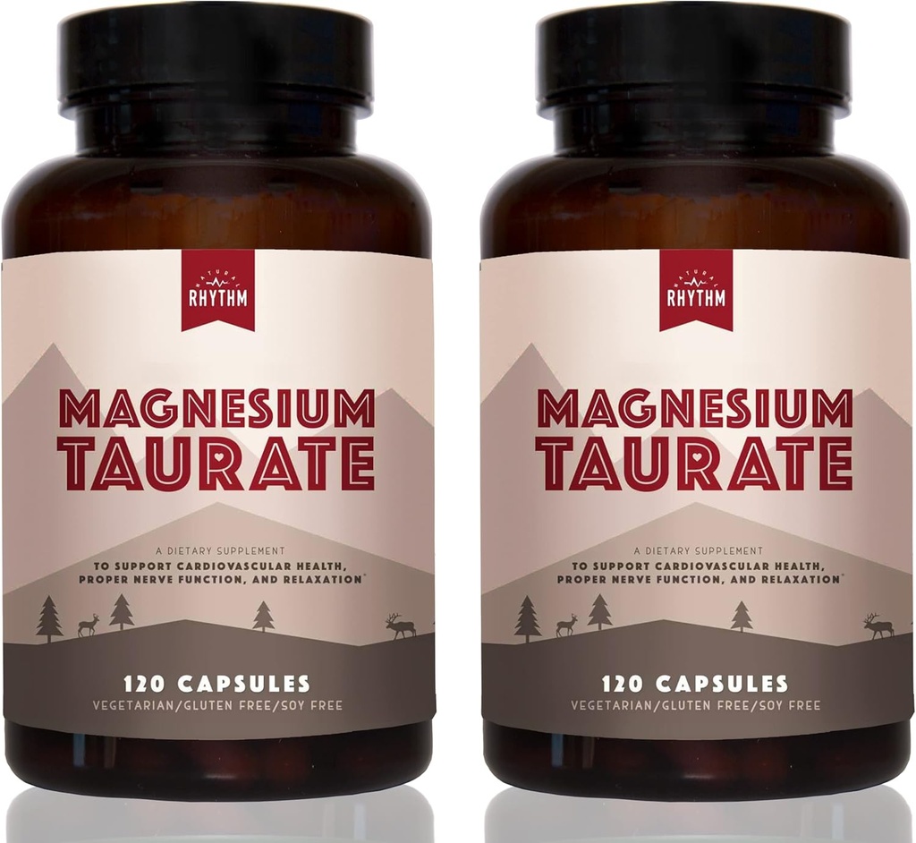 Natural Rhythm Magnesium Taurate, 2-Pack, Alta Absorción Taurate, 750mg (150mg de Magnesio Elemental) 120 Capsules Por Botella