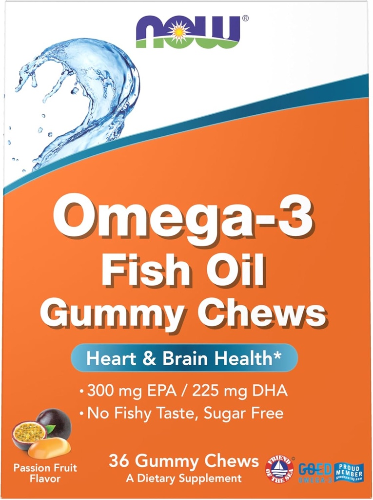 AHORA Suplementos, aceite de pescado Omega-3 Gummy Chews, sabor de fruta de la pasión naranja, 36 Gummy Chews