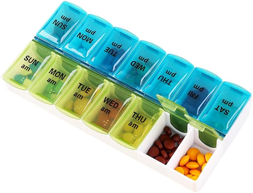 Dispensador organizador semanal de píldoras, 2 veces al día, caja de píldoras abiertas de un solo lado Planificador de medicina de 7 días para el relleno fácil, AM PM Caso de píldora para vitaminas, medicamentos, suplementos, aceites de pescado, azul + verde