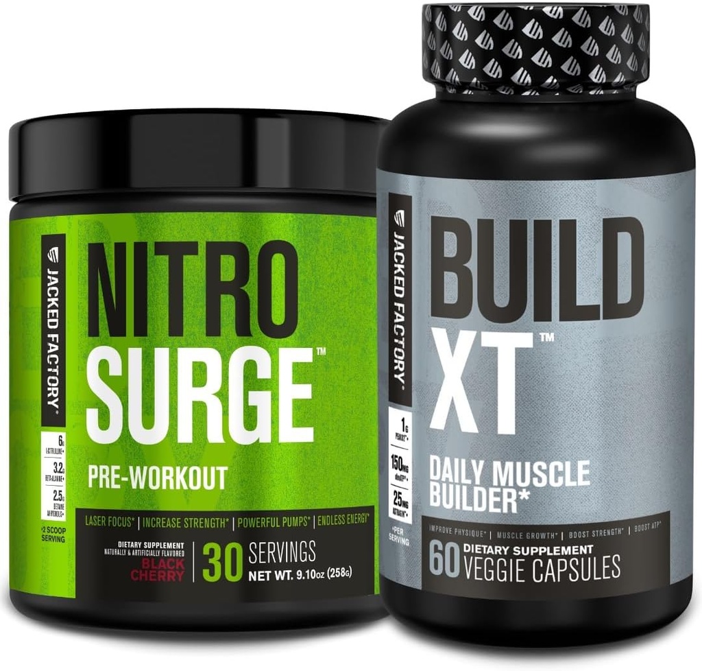 Jacked Factory Nitrosurge Pre-Workout en Black Cherry &amp; Build XT Muscle Building Bundle for Men &amp; Women