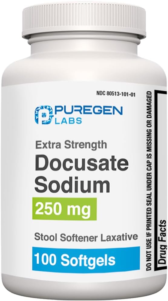 Puregen Labs Docusate Sodium 250mg Stool Softener Laxative TEN 100 softgels ← Gentle Constipation Relief ← Extra Strength ← Stimulant Free