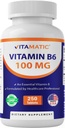 Vitamina Vitamática B6 (Pyridoxine HCl) 100mg – 250 Tabletas Vegetarianas promueve la producción energética, aumenta el metabolismo y apoya la salud inmune*