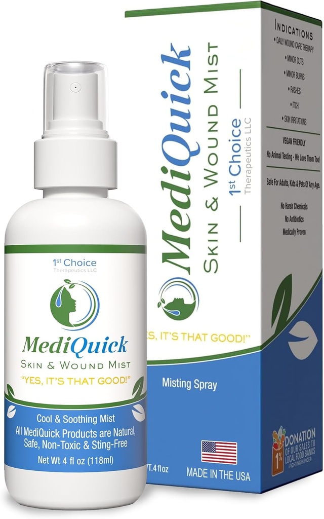 MediQuick Antiseptic Spray Mist 4 Fl Oz ← Skin &amp; Wound Repair First Aid Spray for Burns " Cuts with 12 Hour Action ¦ Helps Heal Acne Rash Eczema Itch Bites " More ← Safe Wound Wash with No Sting