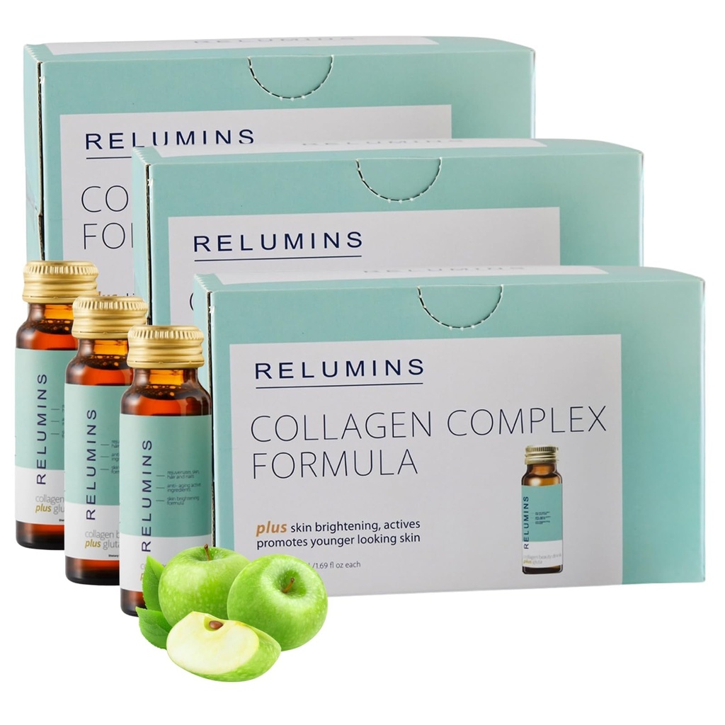 Relumins Advanced Collagen Beauty Drink with Glutathione, Hyaluronic Acid & Antioxidants ¦ Holiday Glow ← Brightening, Firming " Anti-Aging Support ← Apple Flavor ← Made in USA 30 Bottles x 50mL